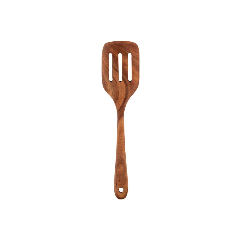 Wooden kitchen utensil set with holder natural teak wood cooking tools for non stick cookware accessories - c