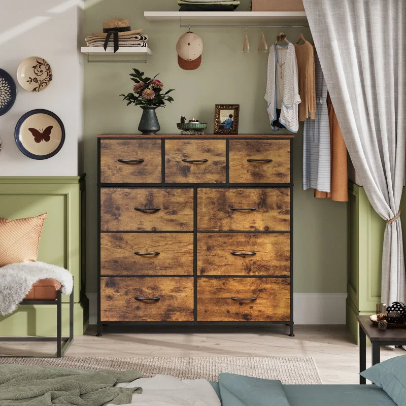 Galaxhero 9 drawer fabric dresser tall storage bedroom hallway closet bins steel frame easy pull rustic grain - brown