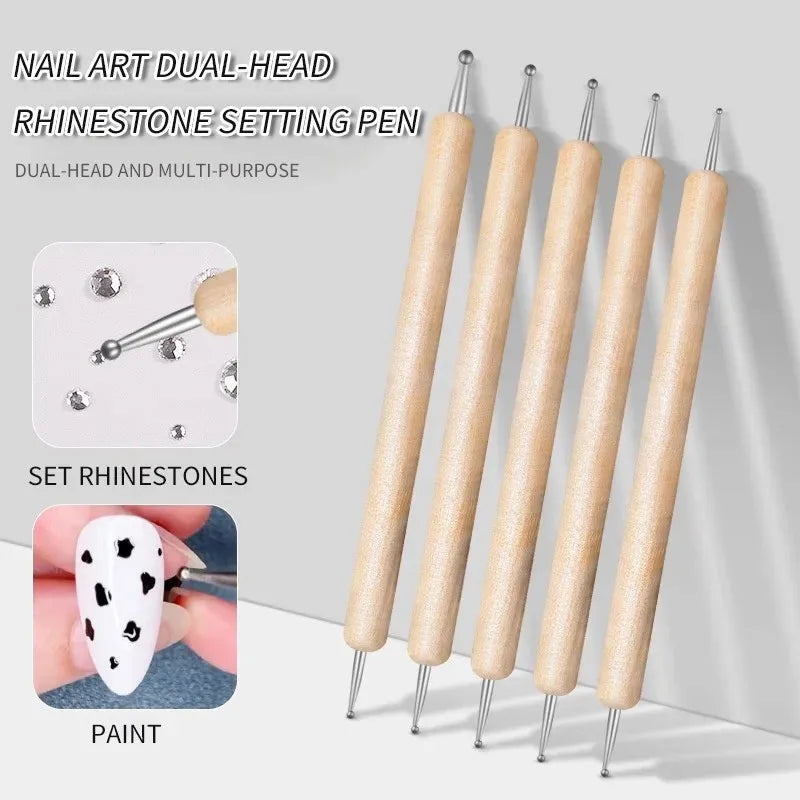 Dual-end wooden dotting pen marbleizing tool set for nail design manicure painting kit 5pcs - brown-5pcs / united states