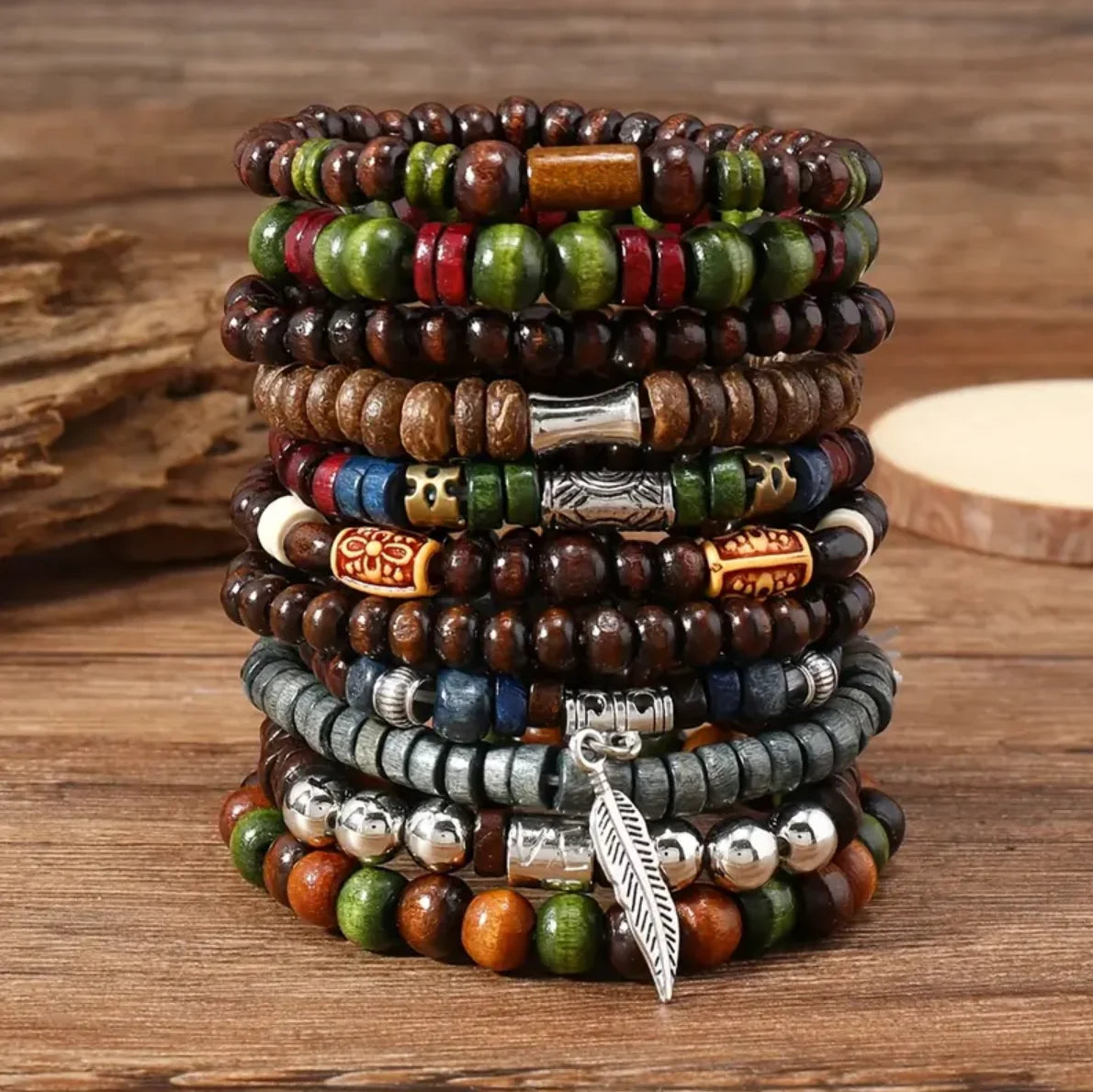 22-piece set vintage style bohemian wooden beaded bracelets synthetic turquoise and cat’s eye beads fashionable