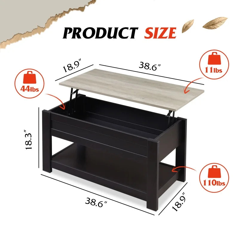 Galaxhero 39 inch lift top coffee table with hidden compartment and storage shelf for living room furniture