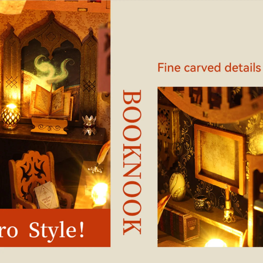 Enchanted magic library diy book nook kit 3d wooden puzzle bookshelf insert with led lights creative miniature