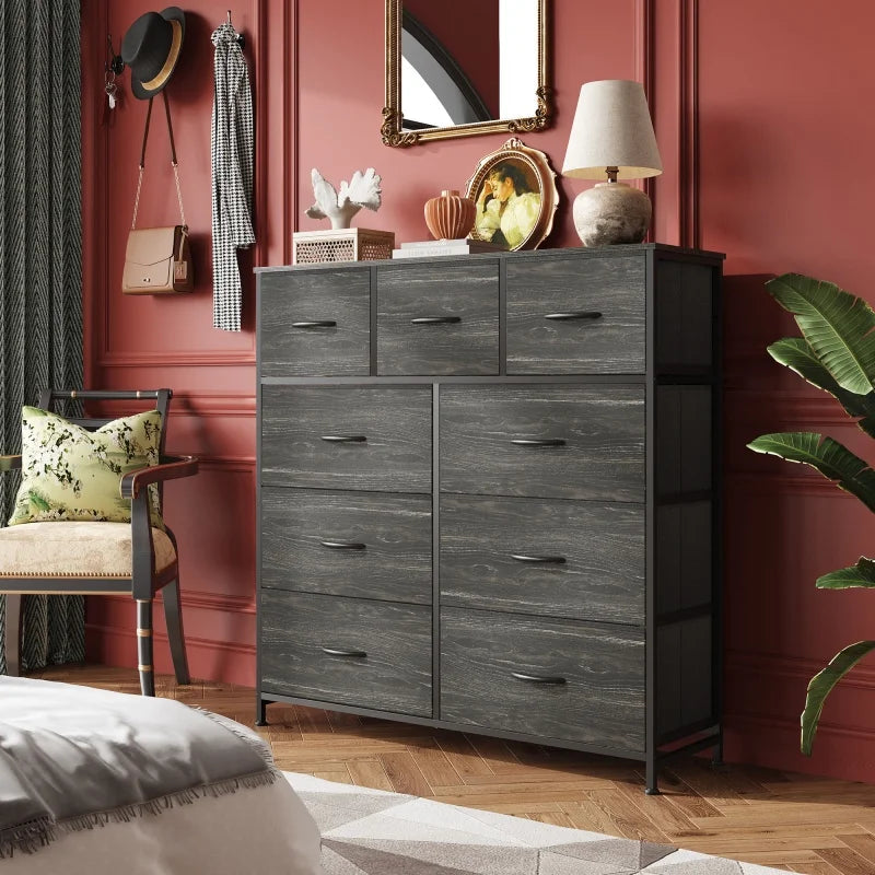 Galaxhero 9 drawer fabric dresser tall storage bedroom hallway closet bins steel frame easy pull rustic grain - brown