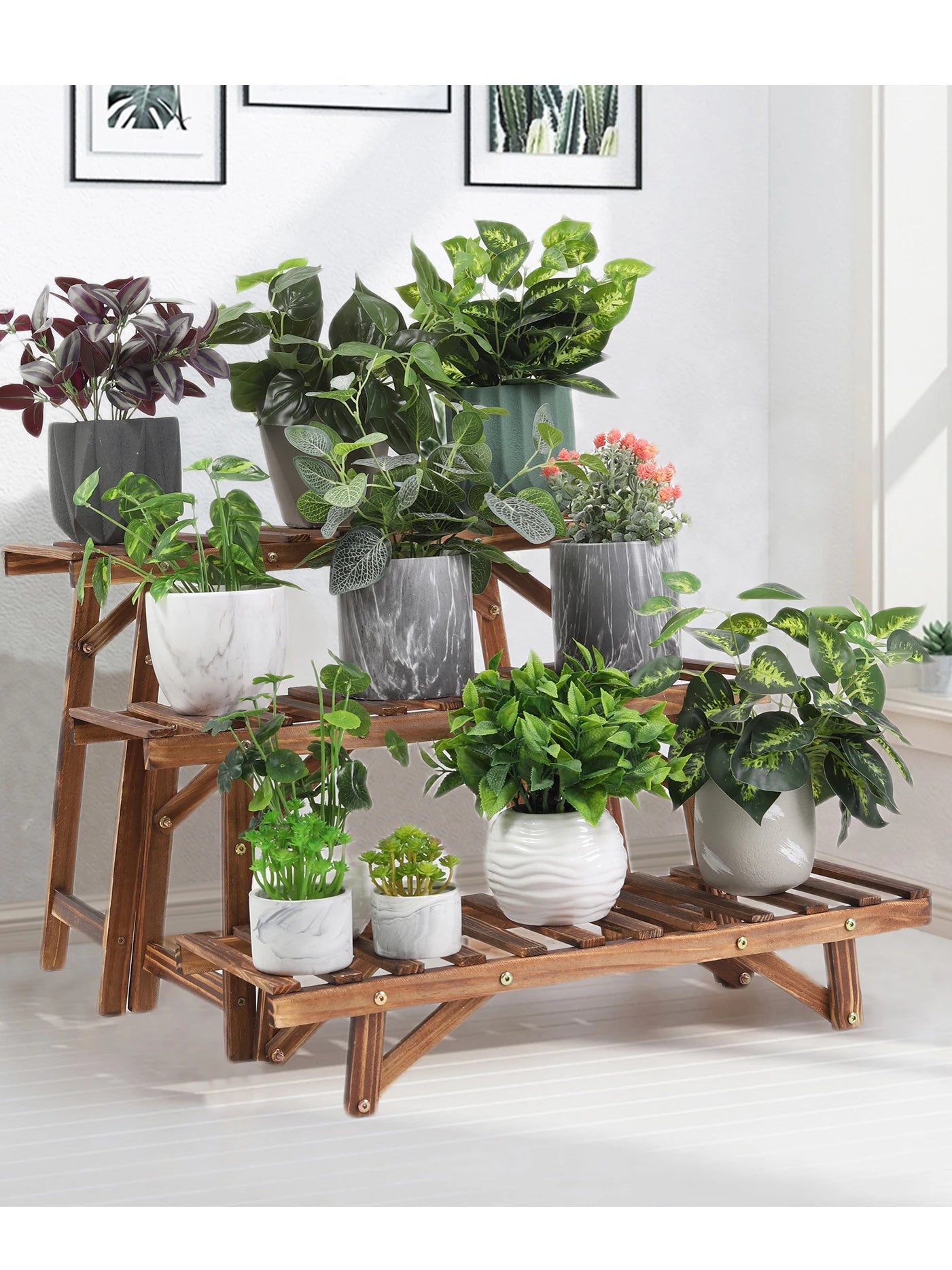 3 tier freestanding ladder shelf wood plant stand indoor outdoor display rack flower pot holder planter organizer