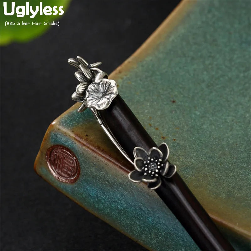 Uglyless natural wood sandalwood ethnic hair sticks for women thai silver lotus flower leaf decorations 925 forks
