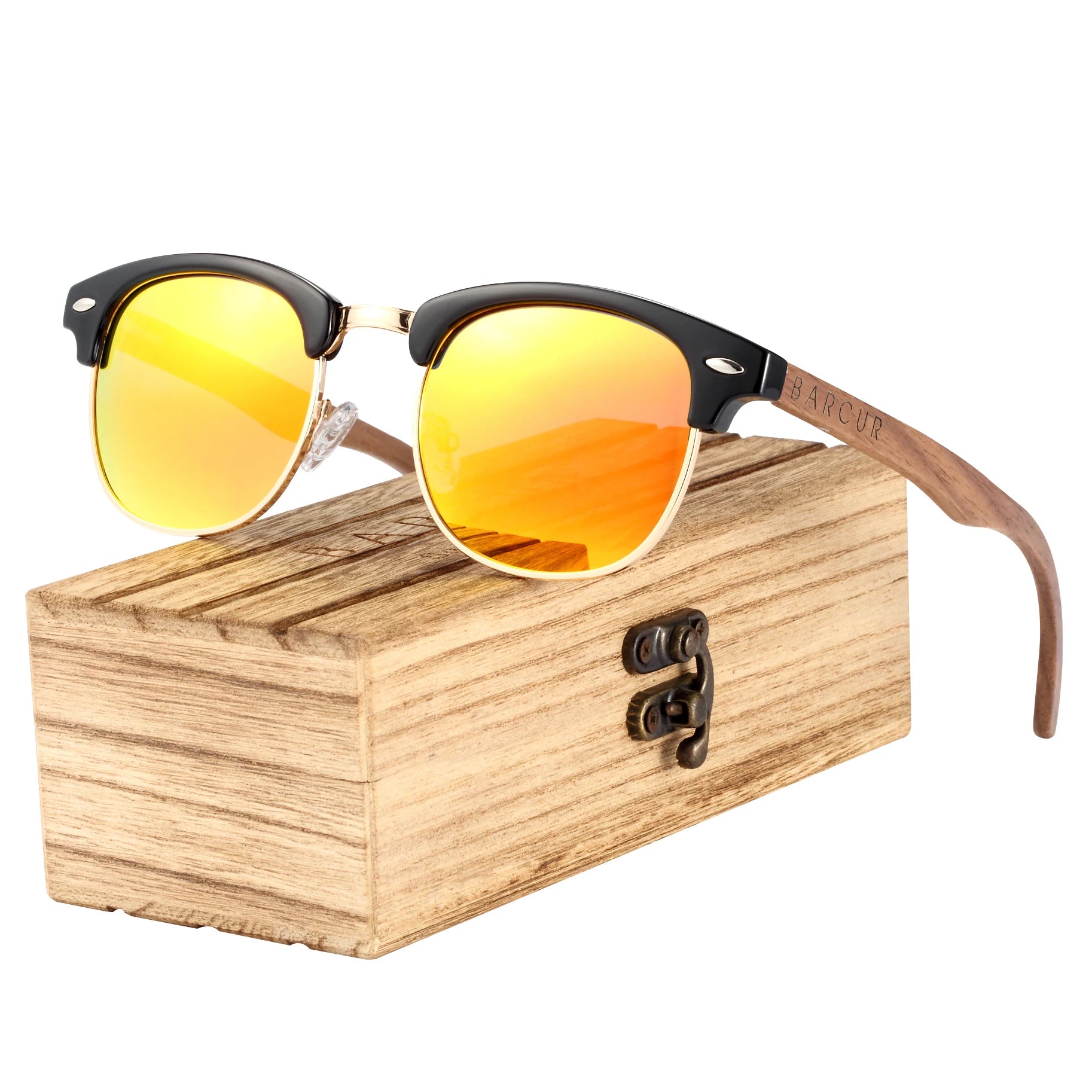 Barcur classic black walnut wood sunglasses men polarized sun glasses women handmade eyewear oculos - orange box / china