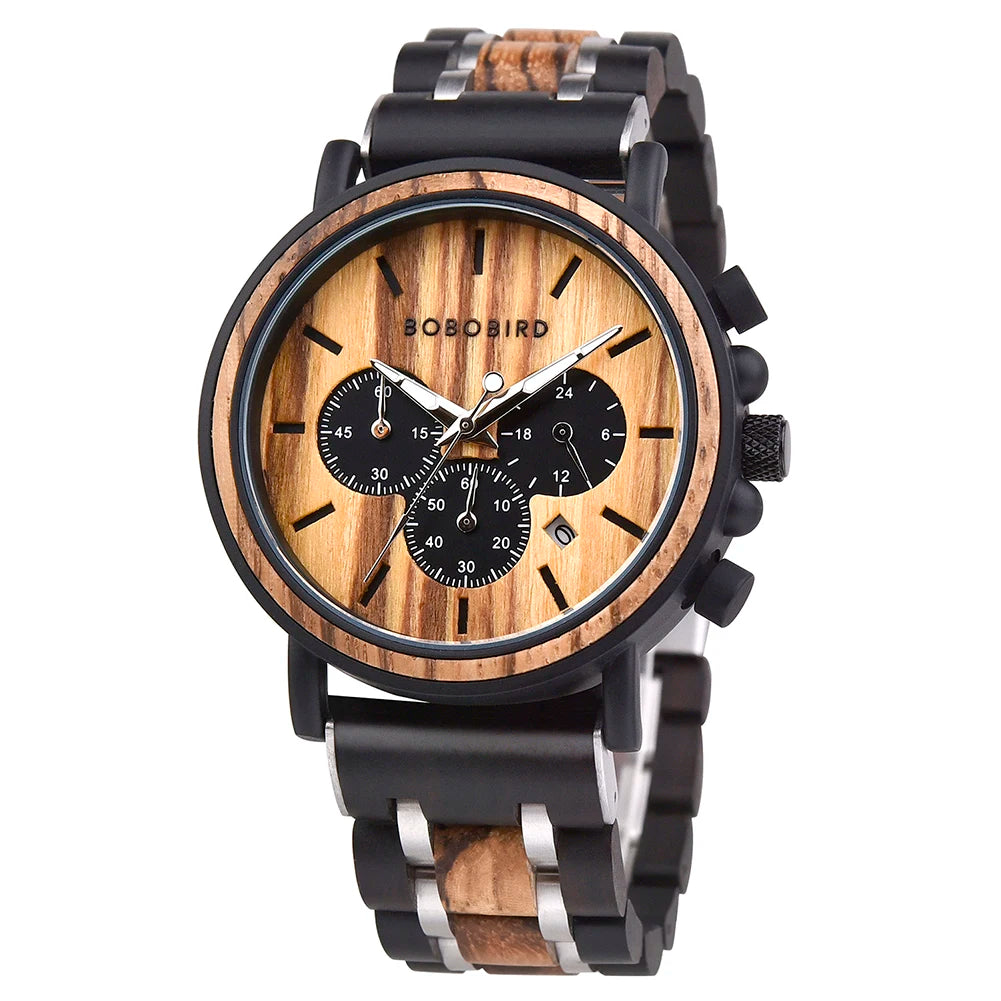 Bobobird luxury men watch top quartz chronograph personalized wristwatch timepiece metal wooden strap gift box relogio
