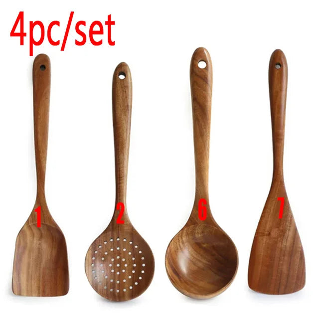 1-7 pieces/set teak tableware spoon colander special nano soup skimming cooking wooden kitchen accessory kit - 4pcs