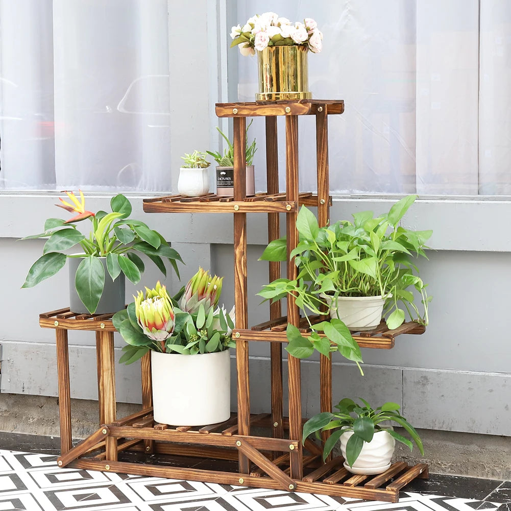 6 tiered wood plant flower stand shelf planter pots shelves rack holder display for multiple plants indoor outdoor