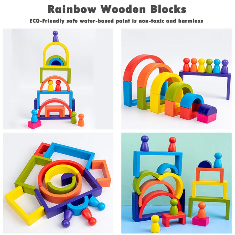Wooden rainbow arched building blocks montessori educational toys stacking balance sorting game early education