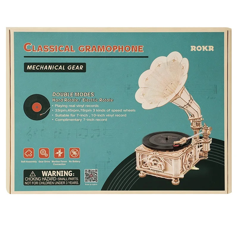 Robotime hand crank classic gramophone with music 1:1 424pcs wooden model building kits gift for children adult lkb01