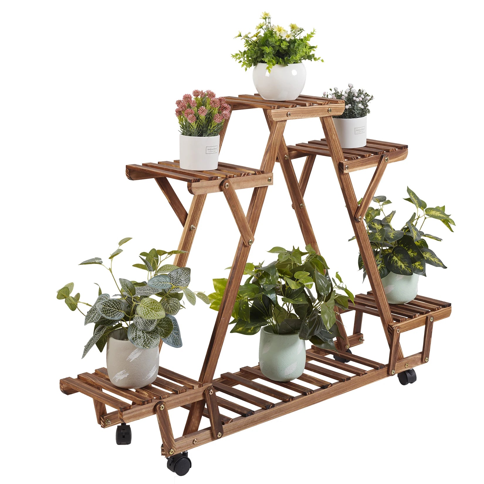 Triangular plant shelf 6 potted carbonized wood holder flower pot stand display storage rack with wheels for garden