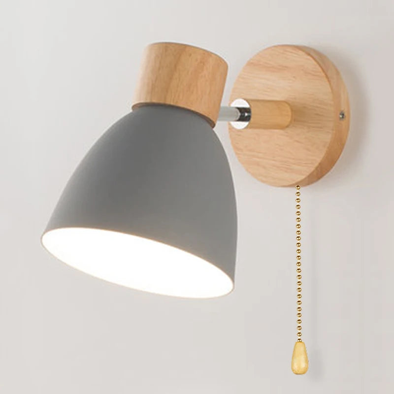 Wooden nordic wall lamp with switch modern sconce for bedroom living room home lighting macaroon 6 color steering head