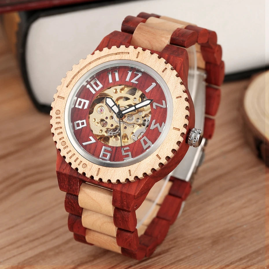 Vintage red wood watch mens automatic mechanical wristwatches wooden band simple round dial luxury relogio masculino