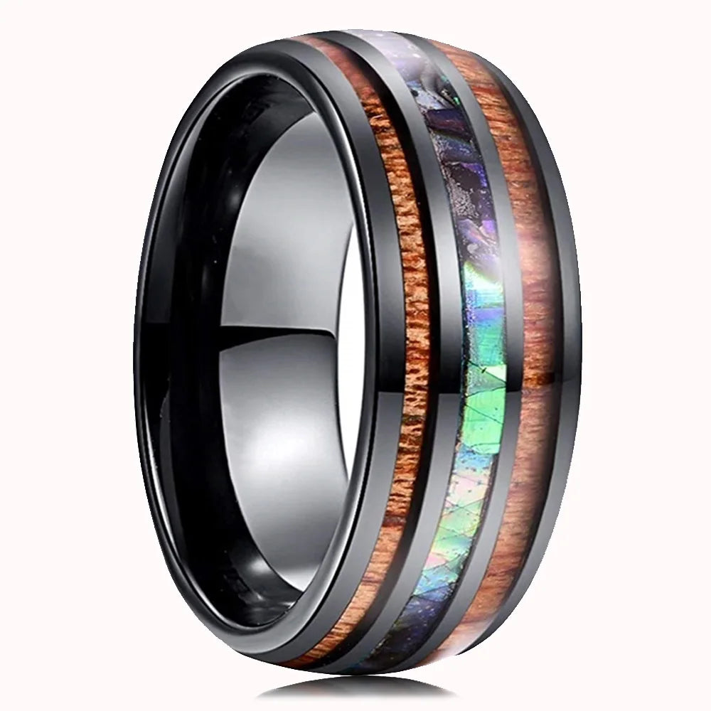 2023 fashion 8mm men black titanium wild life hunting ring koa wood inlay deer family silhouette steel wedding band