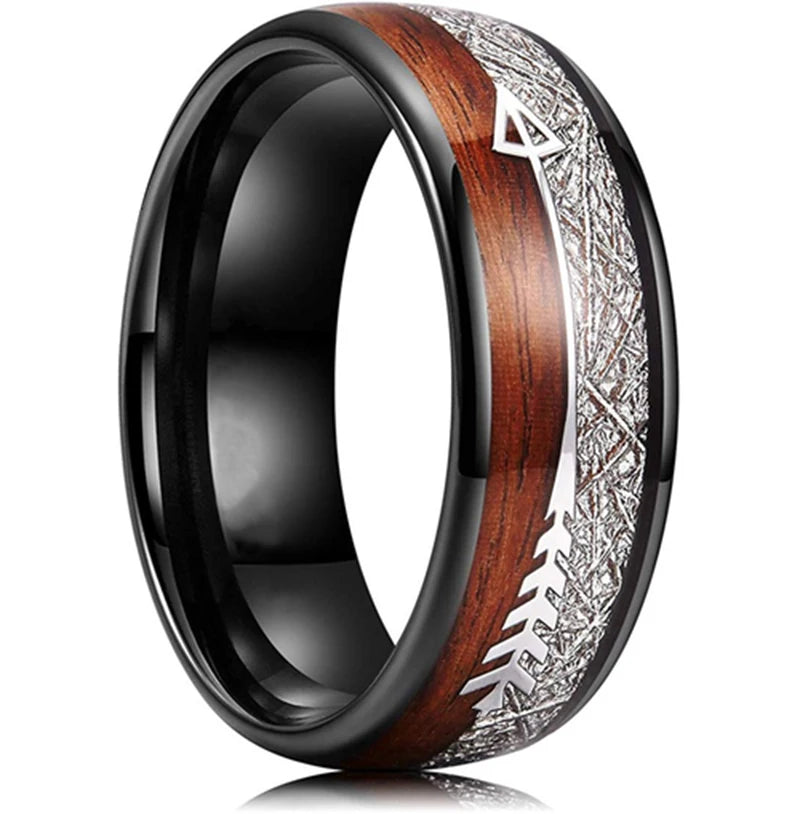 Fashion 8mm black stainless steel arrow rings for men hawaiian koa wood inlay wedding band jewelry wholesale - s17
