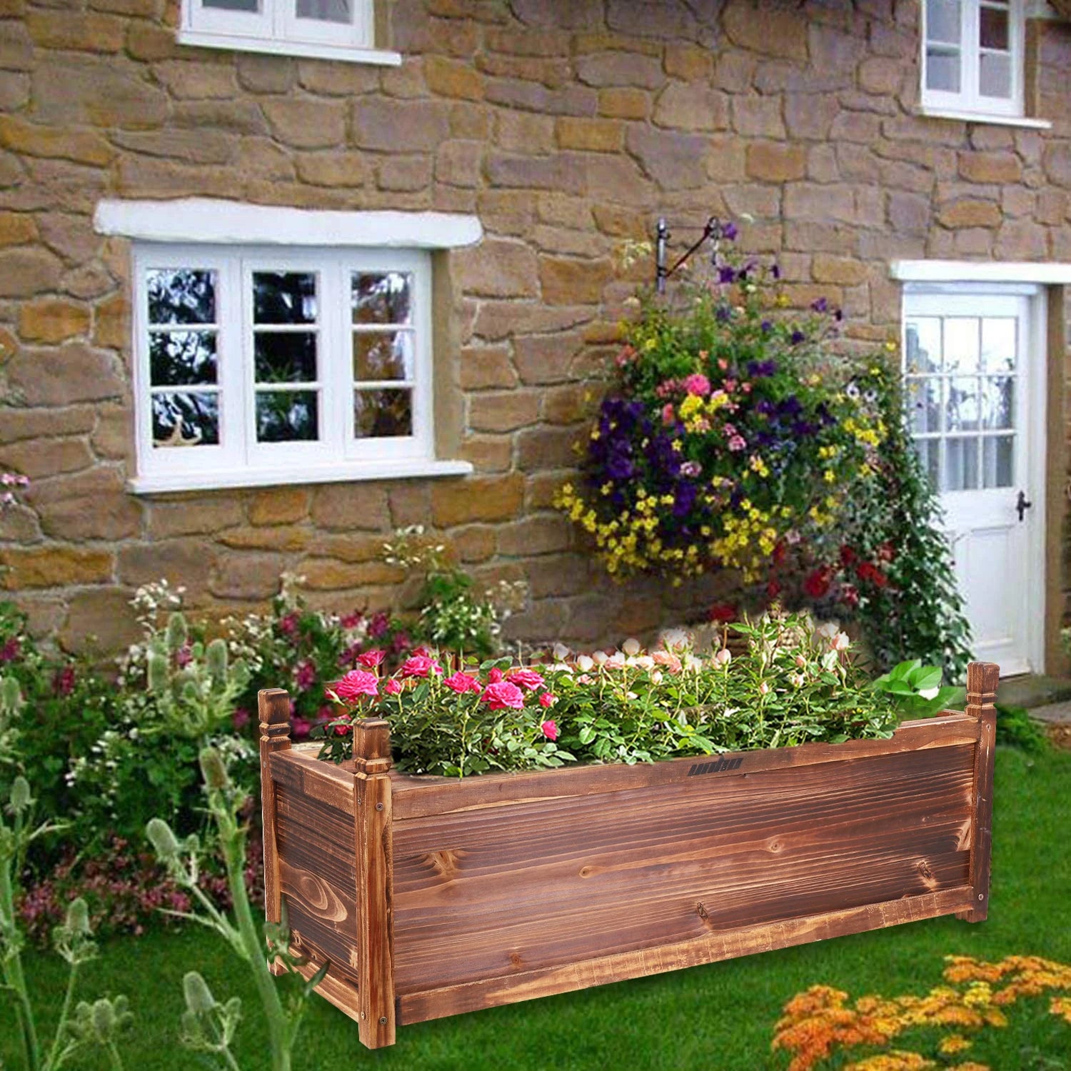 Raised garden bed flower or vegetable planter window mounted plant box for yard wood planting - l / united states