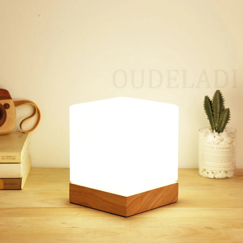 Oudeladi bedside table lamp solid wood glass night light simplicity warm e27 bedroom living room study desk