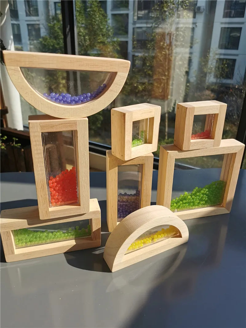 Large children montessori wooden toys sensory blocks liquid beads sand rubber wood stacking acrylic buliding play - game