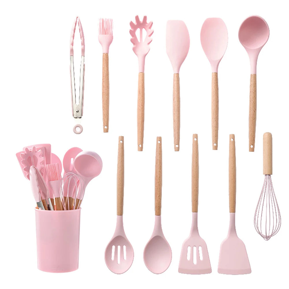 Silicone kitchenware cooking utensils set non-stick cookware spatula shovel egg beaters wooden handle kitchen tool