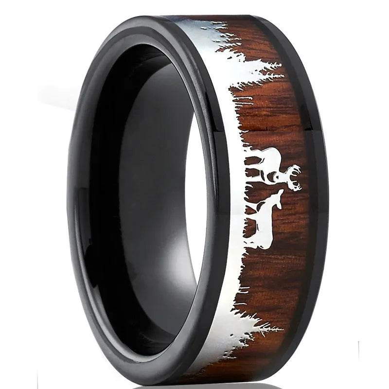 2023 fashion 8mm men black titanium wild life hunting ring koa wood inlay deer family silhouette steel wedding band