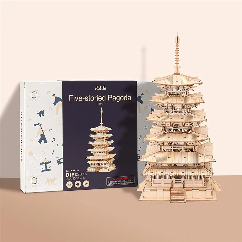 Robotime rolife 275pcs diy 3d five-storied pagoda wooden puzzle game assembly constructor toy gift for children teen