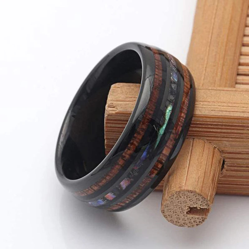 8mm men’s rose gold color stainless steel rings hawaiian koa wood and abalone shell opal inlay ring wedding band jewelry
