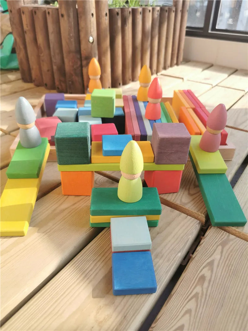 Large rainbow wood building slats construct cubes blocks pastel stacking timber toys for kids early learning - game