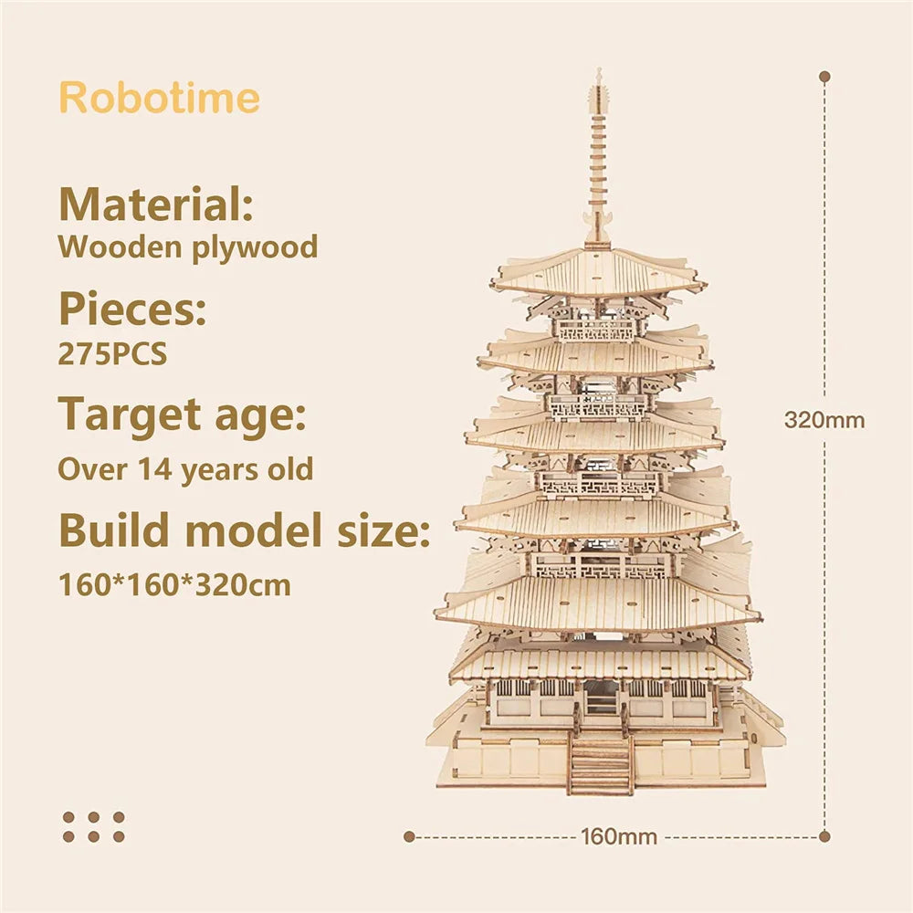 Robotime rolife 275pcs diy 3d five-storied pagoda wooden puzzle game assembly constructor toy gift for children teen