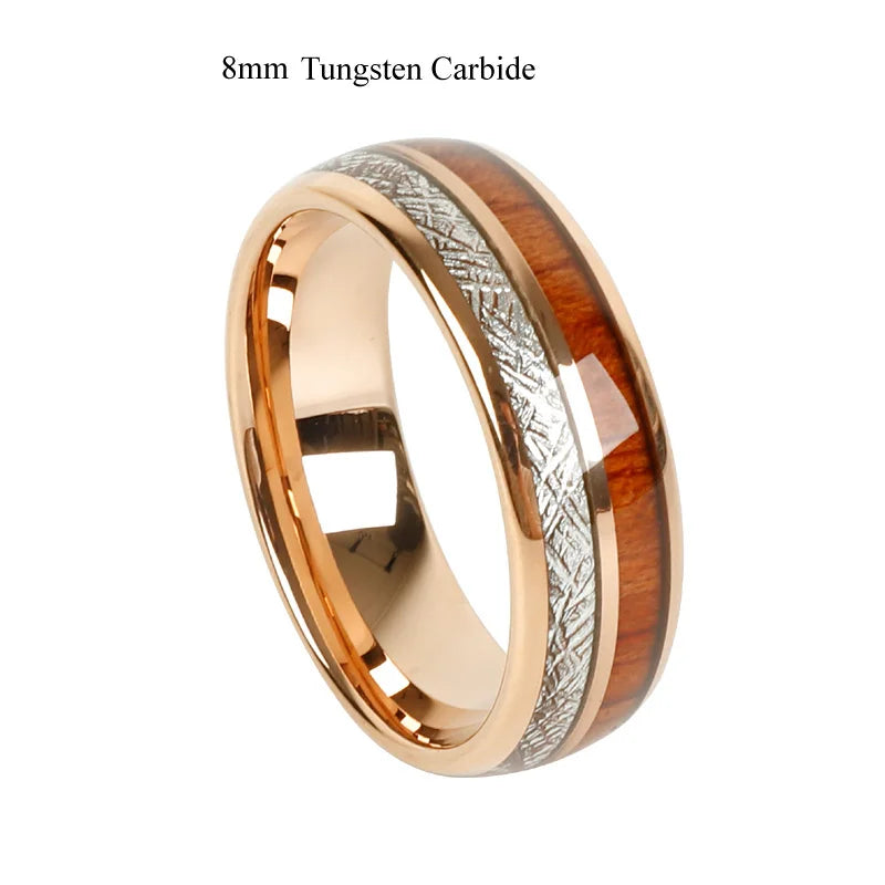 Designer high quality koa wood meteorolite 18k rose gold plated tungsten jewelry wedding band fashion rings for men