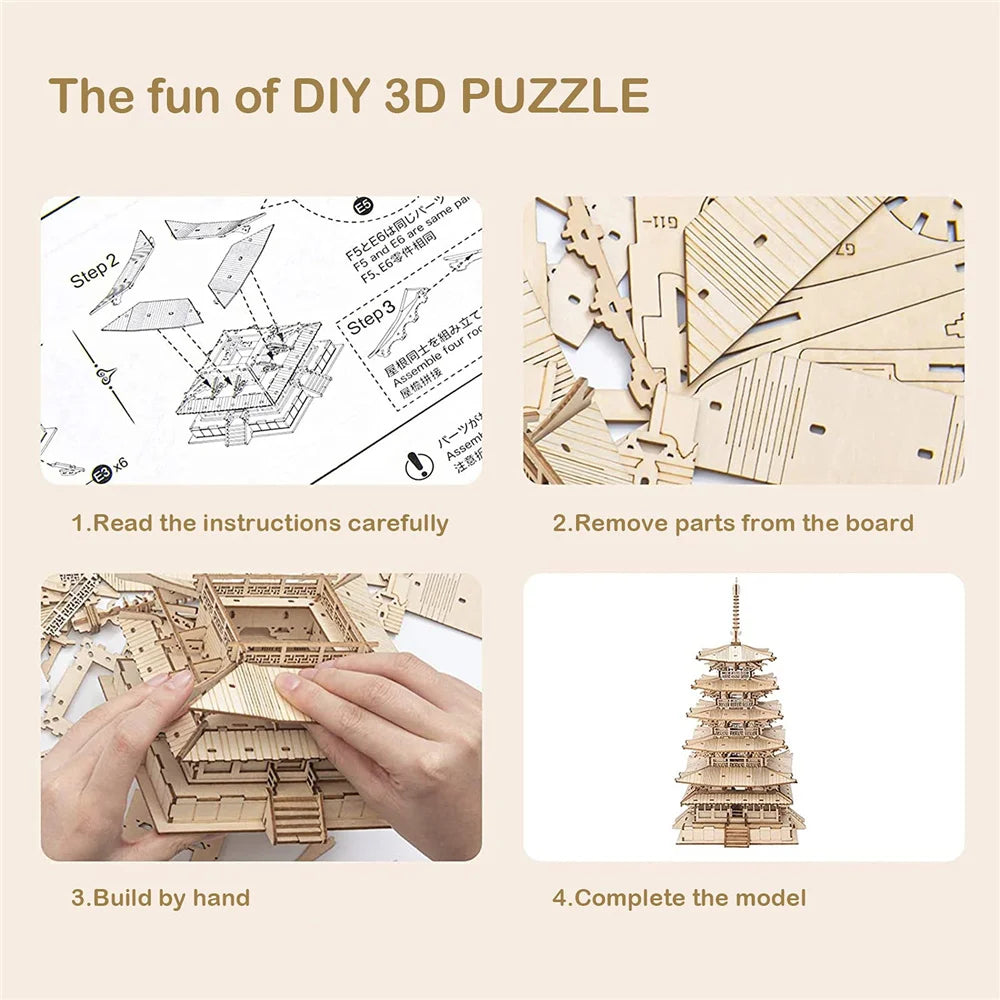 Robotime rolife 275pcs diy 3d five-storied pagoda wooden puzzle game assembly constructor toy gift for children teen