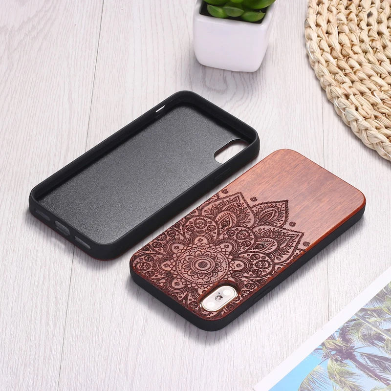 For iphone 12 11 pro max xs x xr se2 8 7 6s plus solid wood cherrywood vintage floral engraved back cover phone case