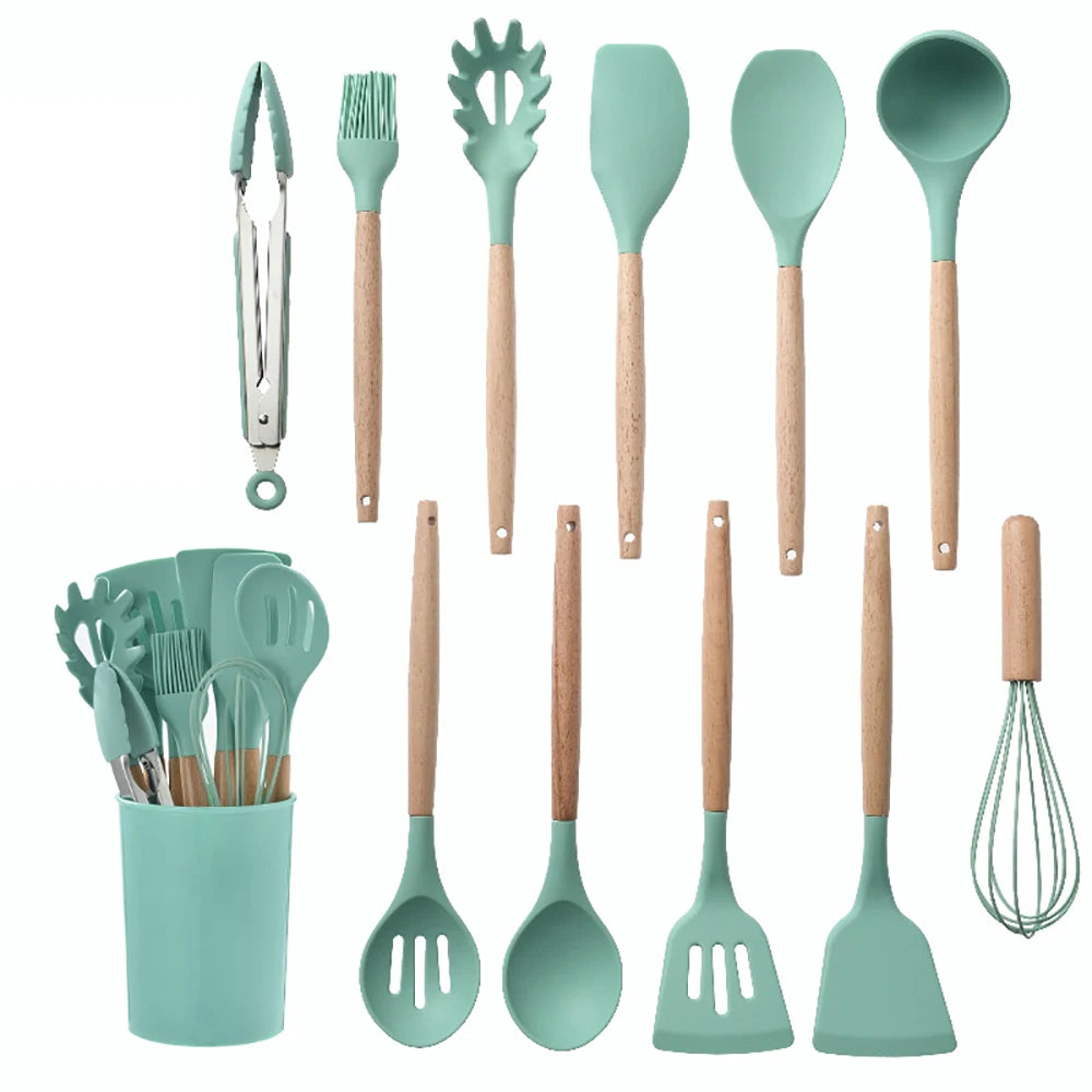 Silicone kitchenware cooking utensils set non-stick cookware spatula shovel egg beaters wooden handle kitchen tool