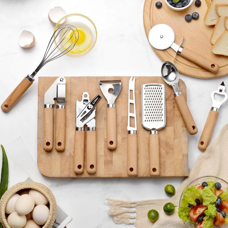 Cooking utensils set with wooden handle can opener baking tool kitchenware pizza peeler cheese knife kitchen gadget