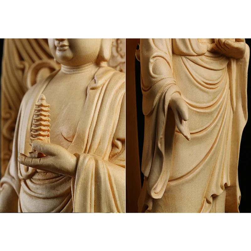 Wooden pharmacist large buddha statue solid wood carving lotus tower home living room decoration crafts 43cm / 16.89