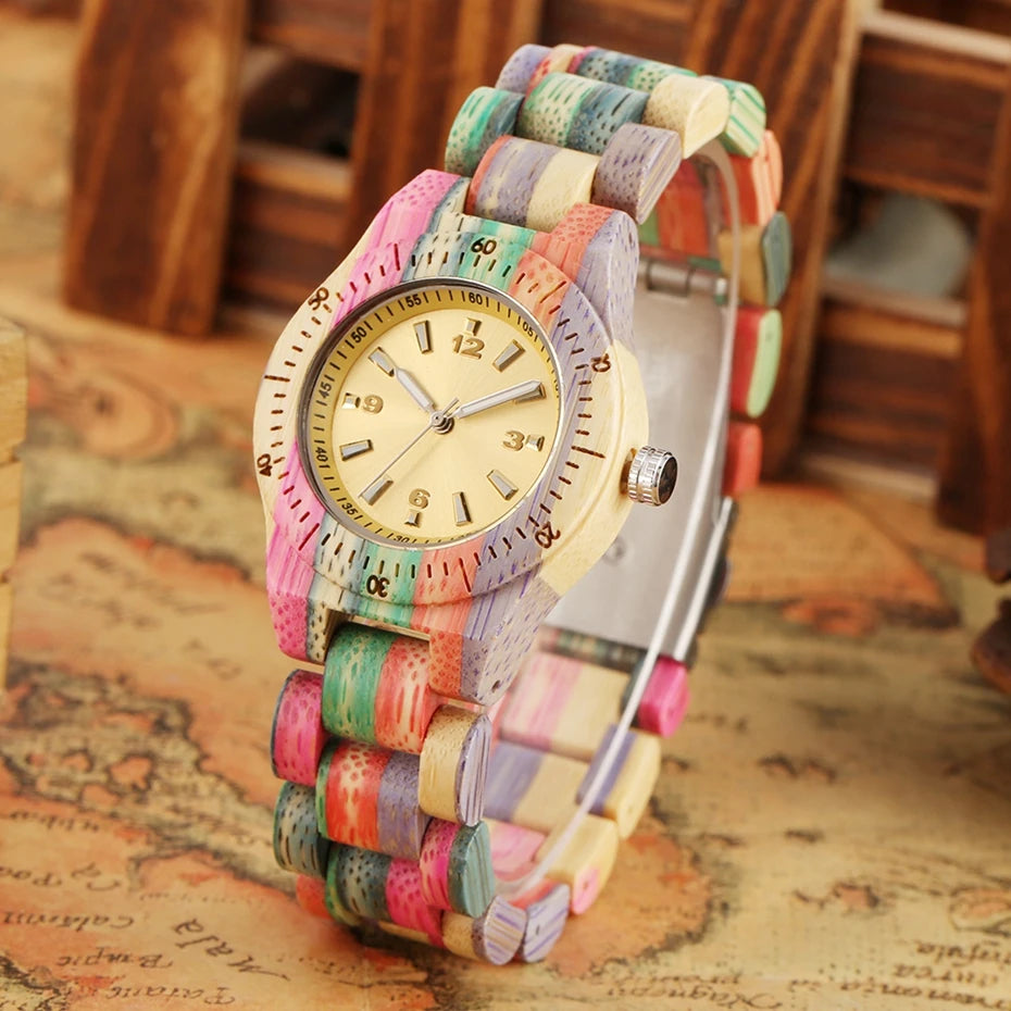 Women wood watch 100% handmade natural colorful bamboo quartz wristwatch design luxury montre bambu dama madera relojes