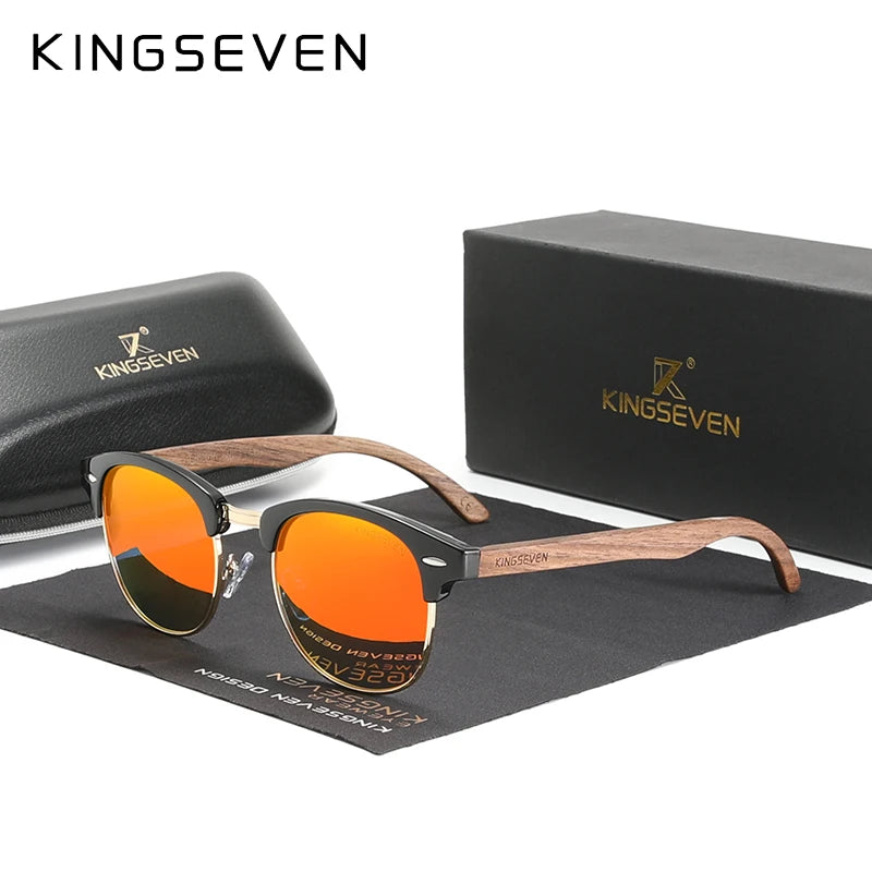 Kingseven handmade 2024 black walnut wooden sunglasses men polarized uv400 protection semi-rimless retro eyewear women