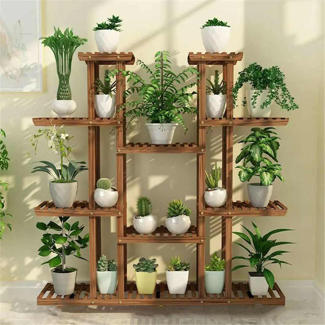 Unho multi-tier plant stand 46in height wood flower rack holder 16 potted display storage shelves indoor outdoor