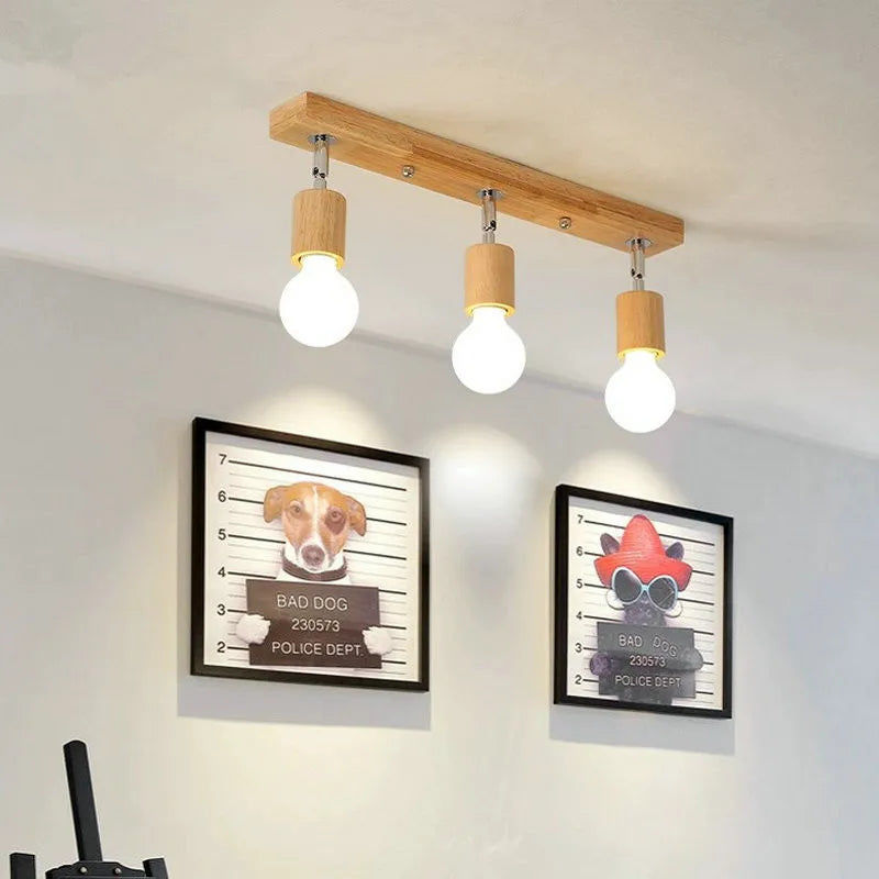 Nordic wooden ceiling light rotatable adjustable single three heads lighting living room clothing store led spotlight