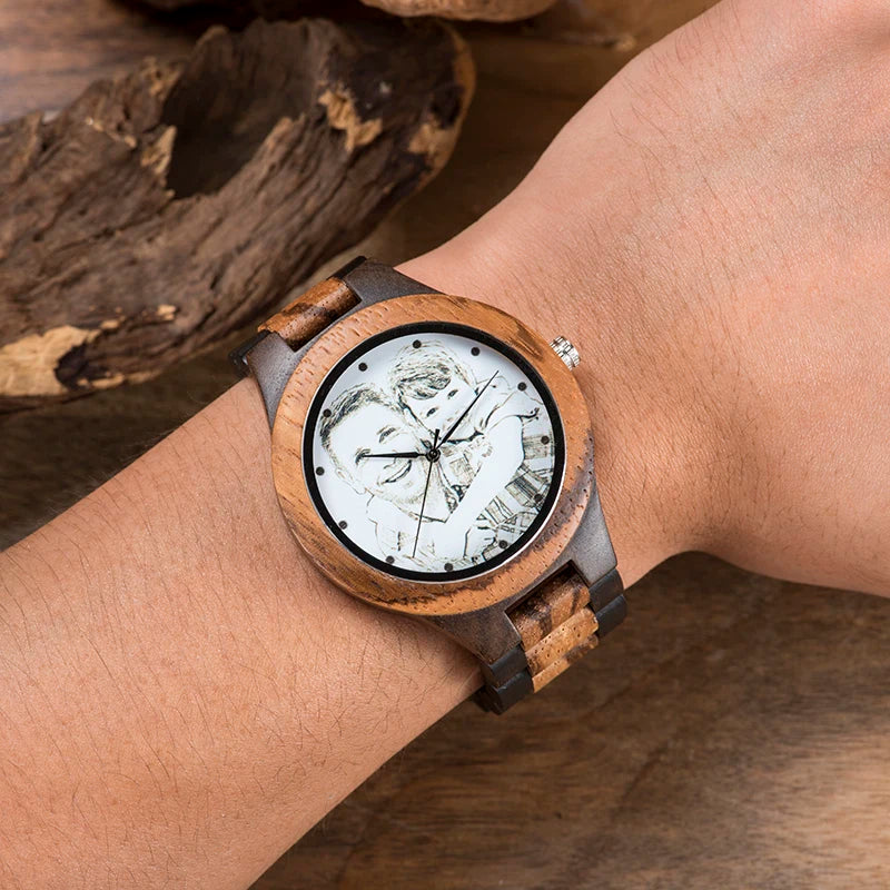 Custom logo printing photo men watch unique bamboo wood engrave picture wristwatch anniversary christmas father’s day