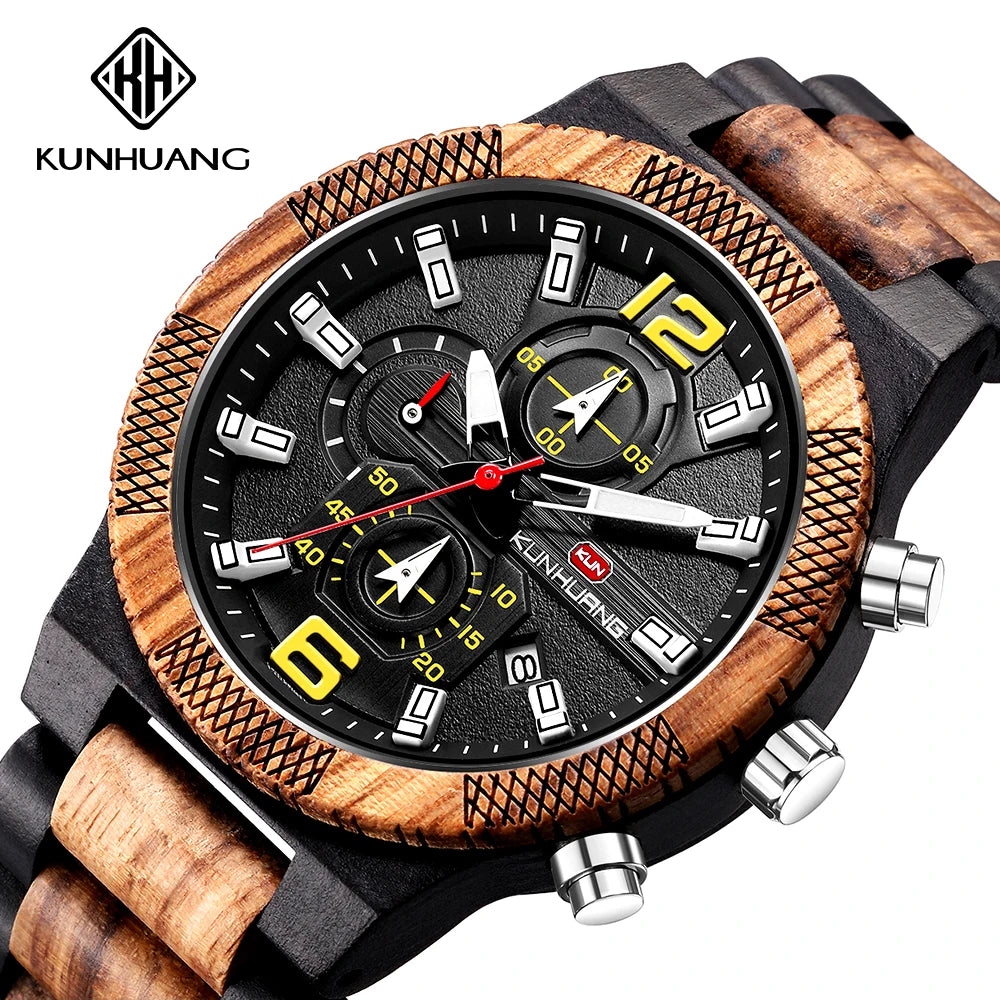 Men’s wood watches luxury luminous multi-function wooden watch quartz retro men fashion sport timepieces relogio