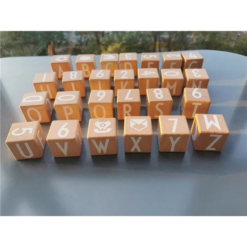 26pcs kids montessori wooden toys big beech alphabet blocks stacking with letter numbers cube bricks early learning - 1