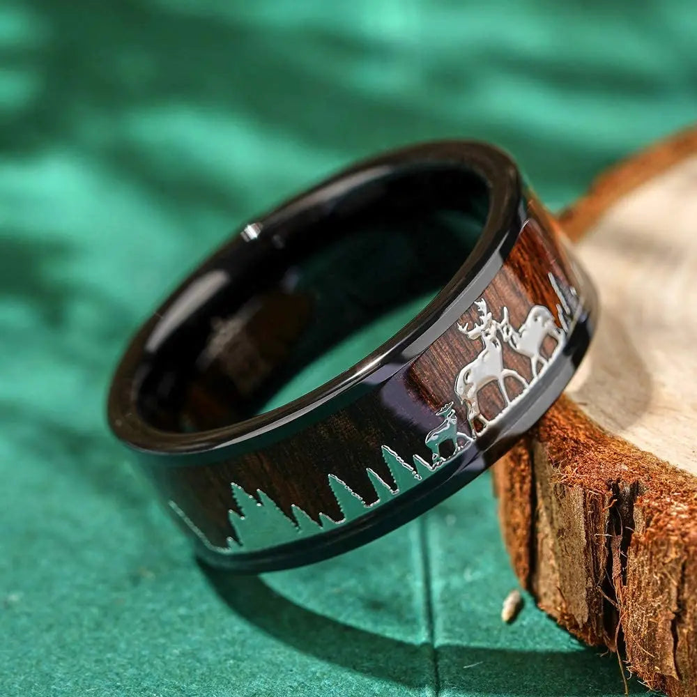 2023 fashion 8mm men black titanium wild life hunting ring koa wood inlay deer family silhouette steel wedding band