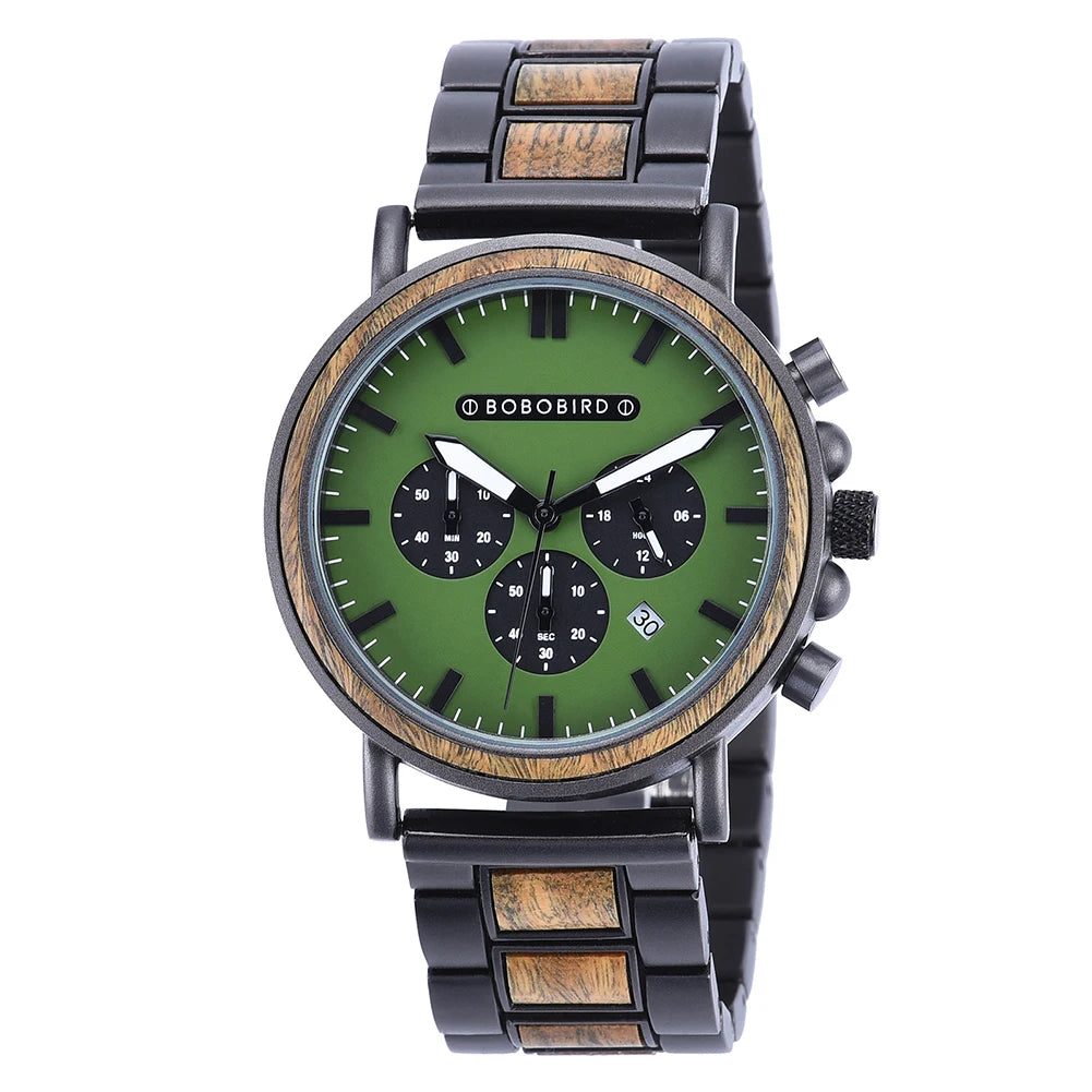 Bobobird luxury men watch top quartz chronograph personalized wristwatch timepiece metal wooden strap gift box relogio
