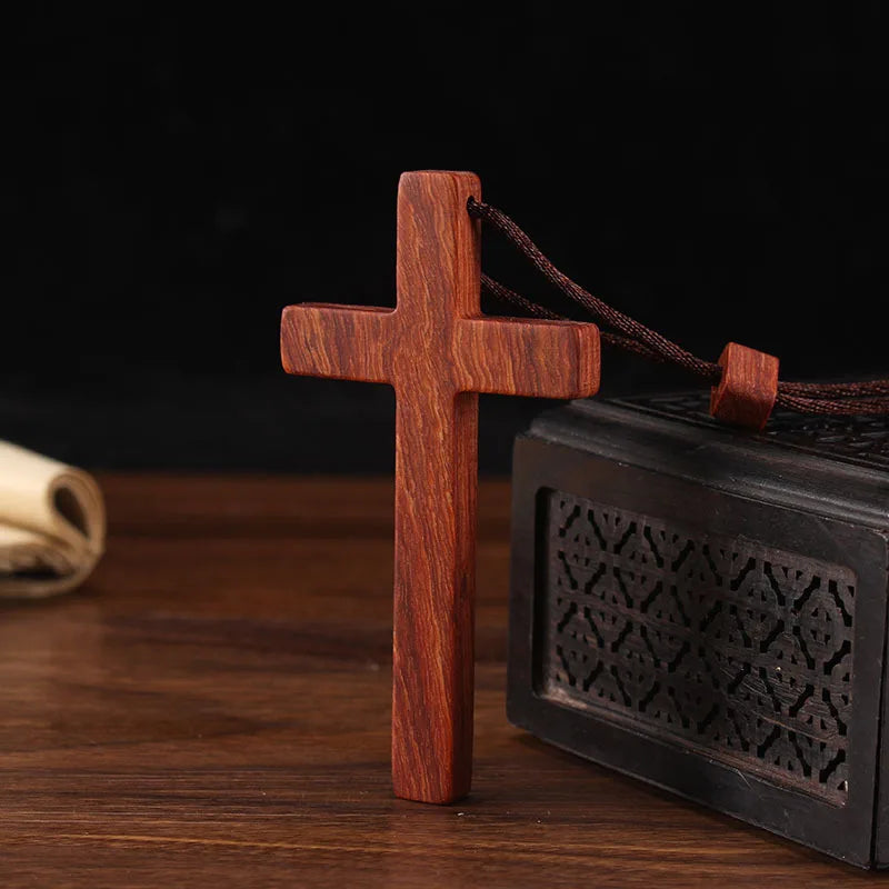 Christian sandalwood ebony necklace cross solid wood crafts jesus catholic rosarios catolicos - red