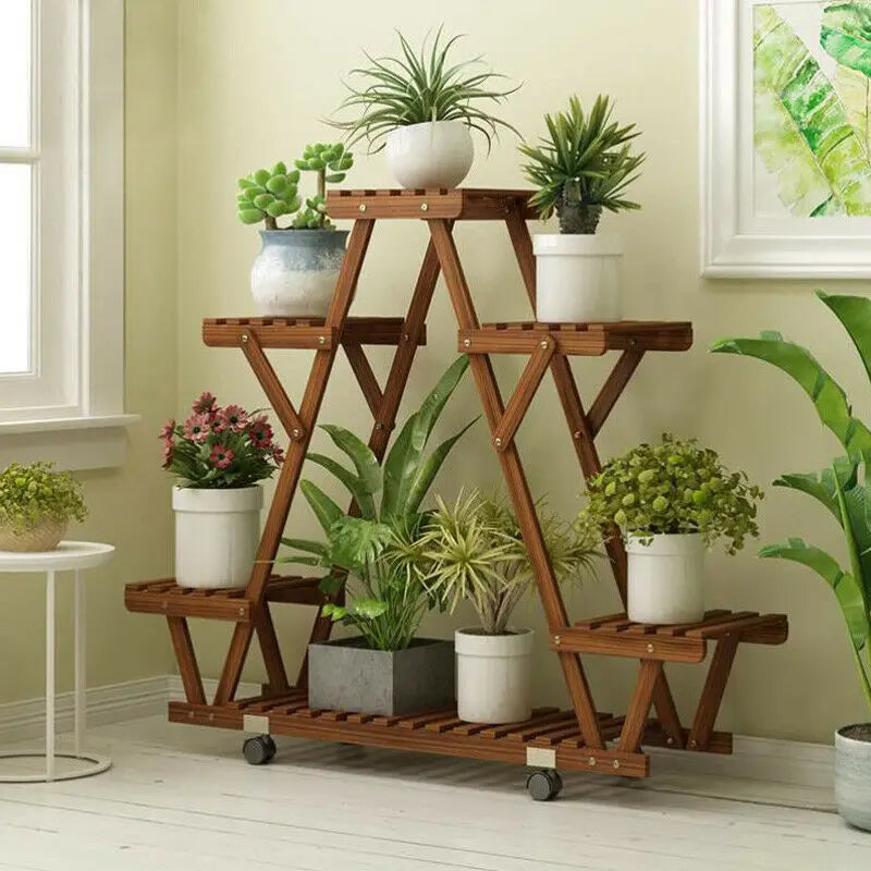 Triangular plant shelf 6 potted carbonized wood holder flower pot stand display storage rack with wheels for garden