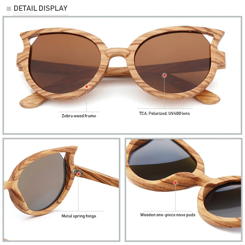 2022 luxury design fashion women’s zebra wood sunglasses polarized uv400 butterfly cat eye women with wooden case