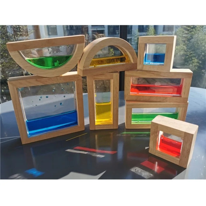 Large children montessori wooden toys sensory blocks liquid beads sand rubber wood stacking acrylic buliding play - game