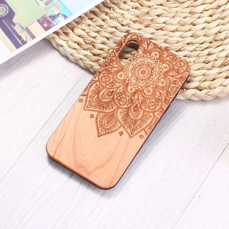For iphone 12 11 pro max xs x xr se2 8 7 6s plus solid wood cherrywood vintage floral engraved back cover phone case