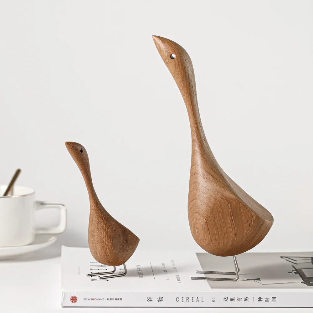 Nordic wooden goose figurines abstract teak wood sculpture lovely couple figure nature animal ornaments for home